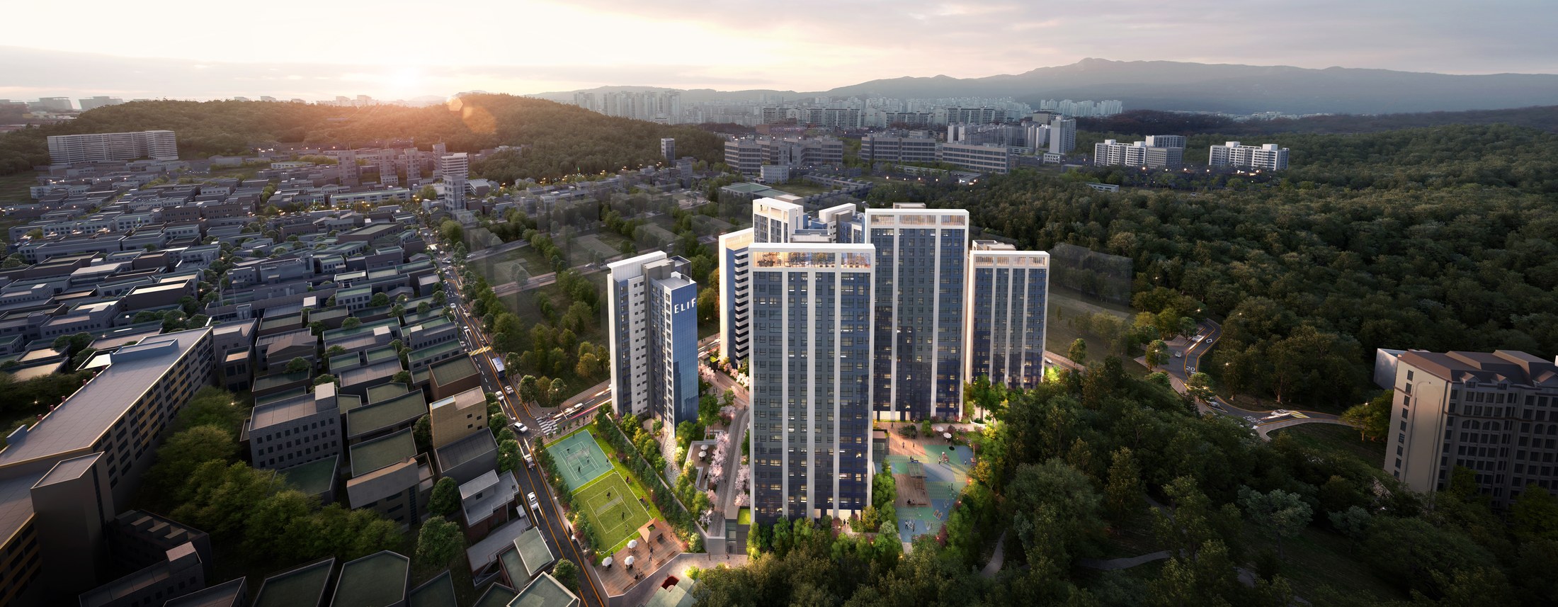 Residential towers at sunset