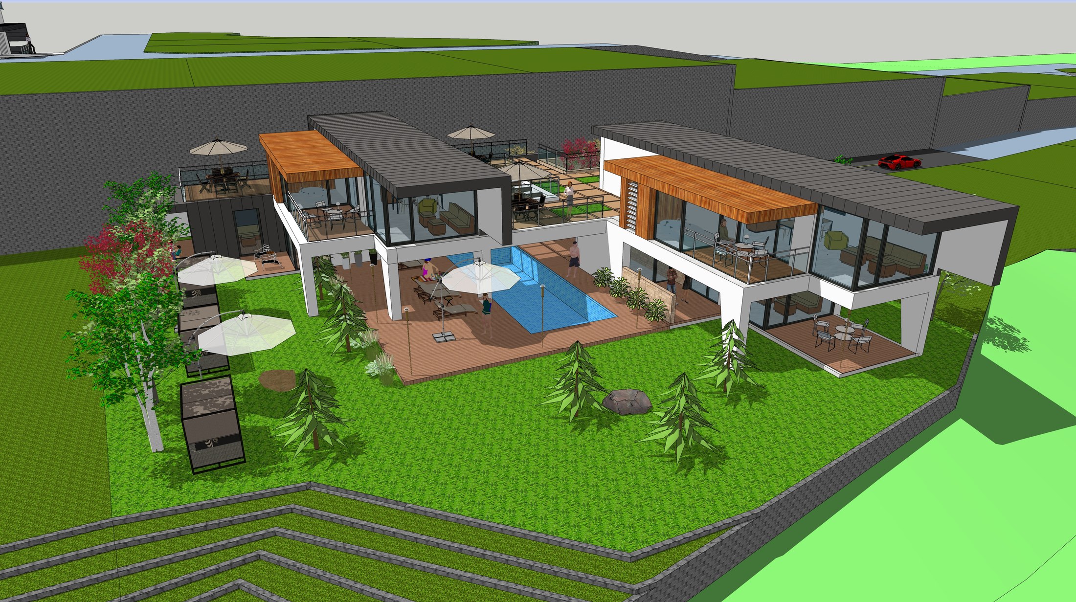 Villas around a pool court